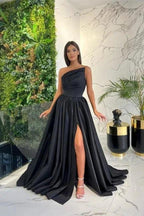 Simple Long Red A-line One Shoulder Sleeveless Satin Prom Dresses With Slit by misshow.com