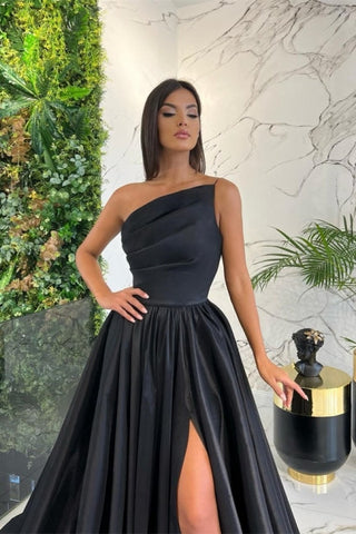 Simple Long Red A-line One Shoulder Sleeveless Satin Prom Dresses With Slit