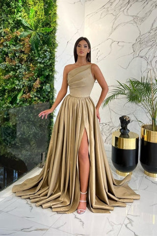 Simple Long Red A-line One Shoulder Sleeveless Satin Prom Dresses With Slit