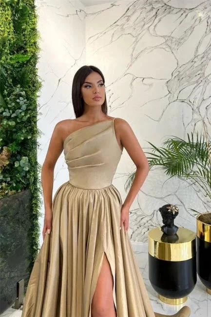 Simple Long Red A-line One Shoulder Sleeveless Satin Prom Dresses With Slit by misshow.com