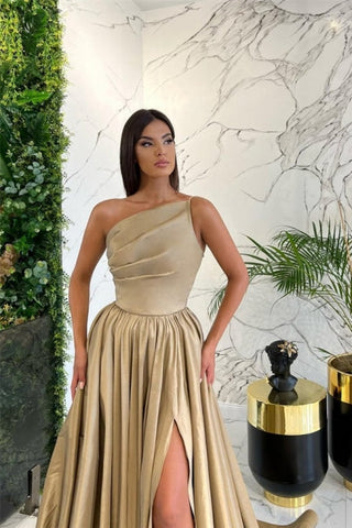 Simple Long Red A-line One Shoulder Sleeveless Satin Prom Dresses With Slit