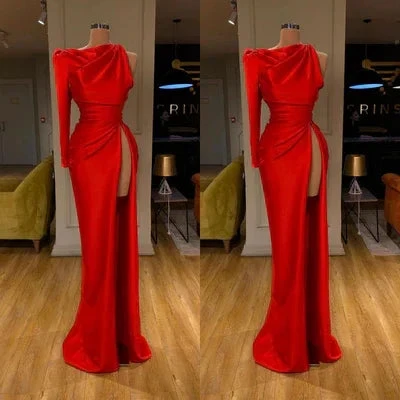 Simple Long Red Mermaid Satin Split Prom Dress With Long Sleeve by misshow.com