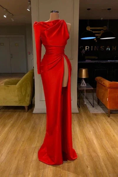 Simple Long Red Mermaid Satin Split Prom Dress With Long Sleeve by misshow.com