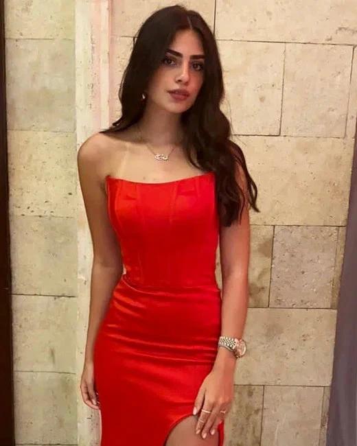 Simple Long Red Sexy Sleeveless Slit Mermaid Prom Dresses by misshow.com