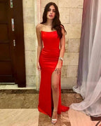 Simple Long Red Sexy Sleeveless Slit Mermaid Prom Dresses by misshow.com