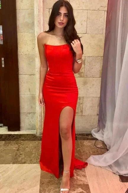 Simple Long Red Sexy Sleeveless Slit Mermaid Prom Dresses by misshow.com