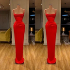 Simple Long Red Spaghetti Straps Mermaid Sleeveless Prom Dress by misshow.com