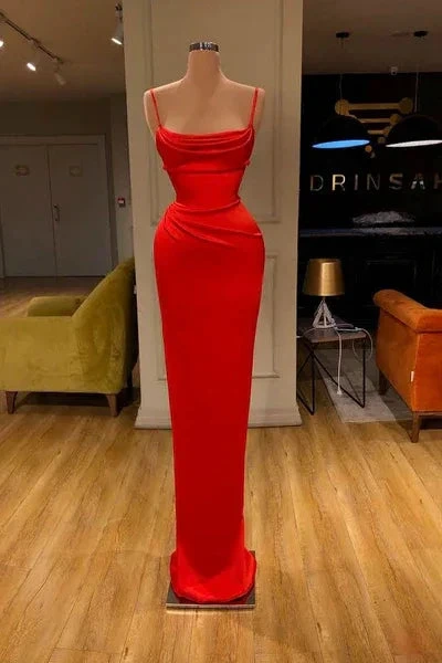 Simple Long Red Spaghetti Straps Mermaid Sleeveless Prom Dress by misshow.com