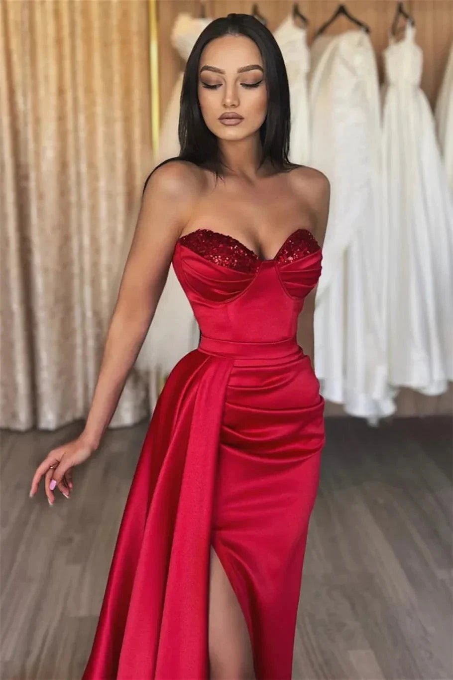 Simple Long Red Sweetheart Sequined Prom Dress With Slit by misshow.com