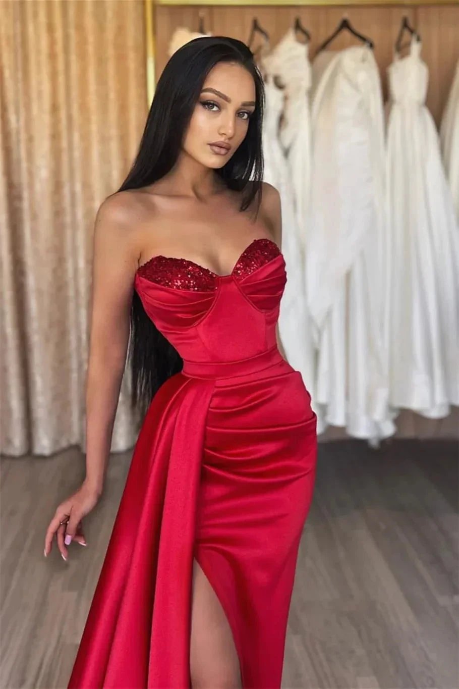 Simple Long Red Sweetheart Sequined Prom Dress With Slit by misshow.com