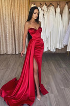 Simple Long Red Sweetheart Sequined Prom Dress With Slit by misshow.com