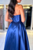 Simple Long Royal Blue Off-the-shoulder A-line Sleeveless Satin Prom Dress by misshow.com