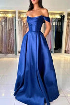Simple Long Royal Blue Off-the-shoulder A-line Sleeveless Satin Prom Dress by misshow.com
