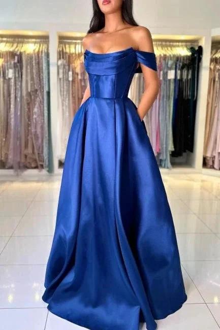 Simple Long Royal Blue Off-the-shoulder A-line Sleeveless Satin Prom Dress by misshow.com