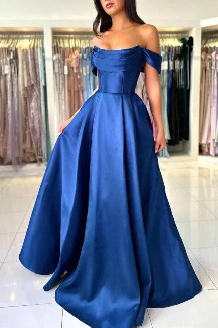 Simple Long Royal Blue Off-the-shoulder A-line Sleeveless Satin Prom Dress by misshow.com