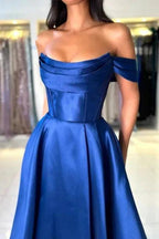 Simple Long Royal Blue Off-the-shoulder A-line Sleeveless Satin Prom Dress by misshow.com