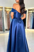 Simple Long Royal Blue Off-the-shoulder A-line Sleeveless Satin Prom Dress by misshow.com