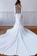 Simple Long Sheath Satin Illusion Lace Back Wedding Dress with Sleeves by BIZTUNNEL