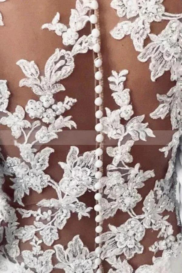 Simple Long Sheath Satin Illusion Lace Back Wedding Dress with Sleeves by BIZTUNNEL