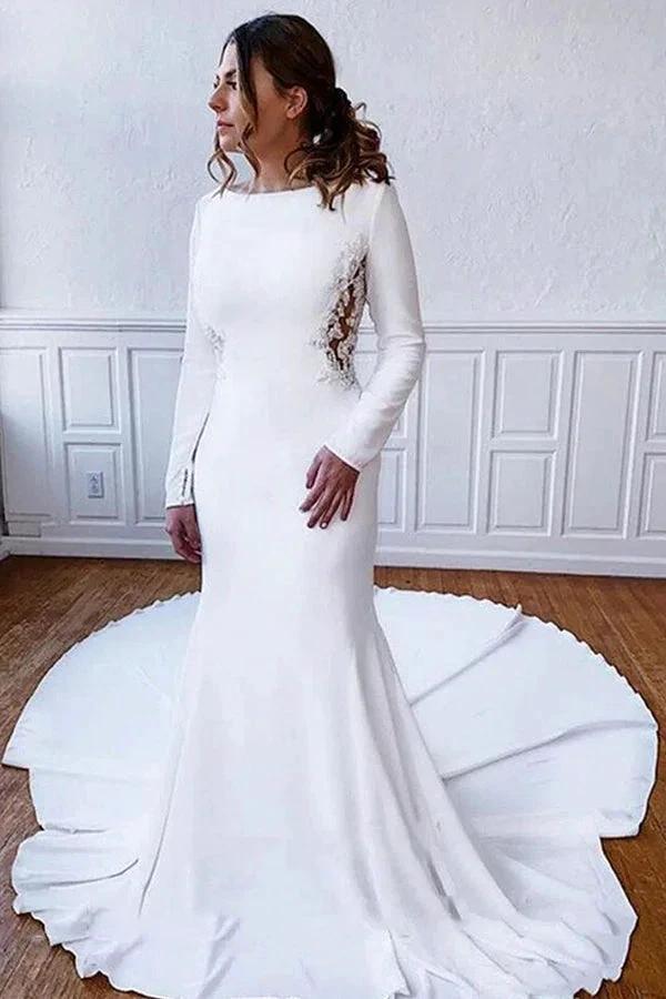 Simple Long Sheath Satin Illusion Lace Back Wedding Dress with Sleeves by BIZTUNNEL