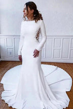 Simple Long Sheath Satin Illusion Lace Back Wedding Dress with Sleeves by BIZTUNNEL