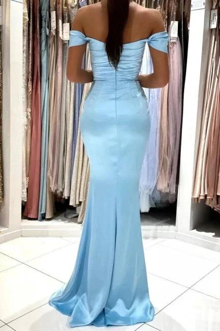 Simple Long Sky Blue Off-the-shoulder Mermaid Sleeveless Evening Dresses With Slit by misshow.com
