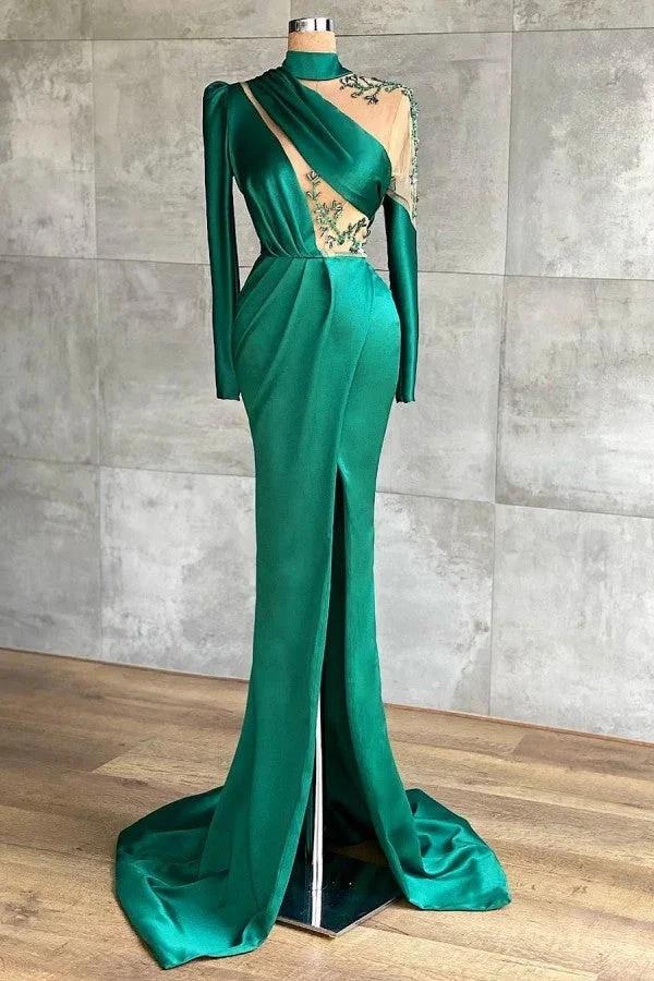 Simple Long Sleeve High Neck Mermaid Prom Dress With Slit by BIZTUNNEL