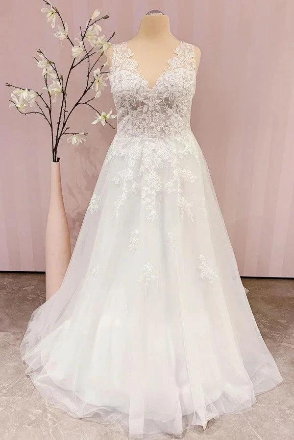 Simple Long V-neck A-Line Backless Wedding Dress With Appliques Lace by BIZTUNNEL
