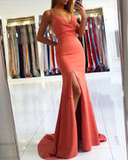 Simple Long V-neck Backless Mermaid Prom Dress with Slit by BIZTUNNEL