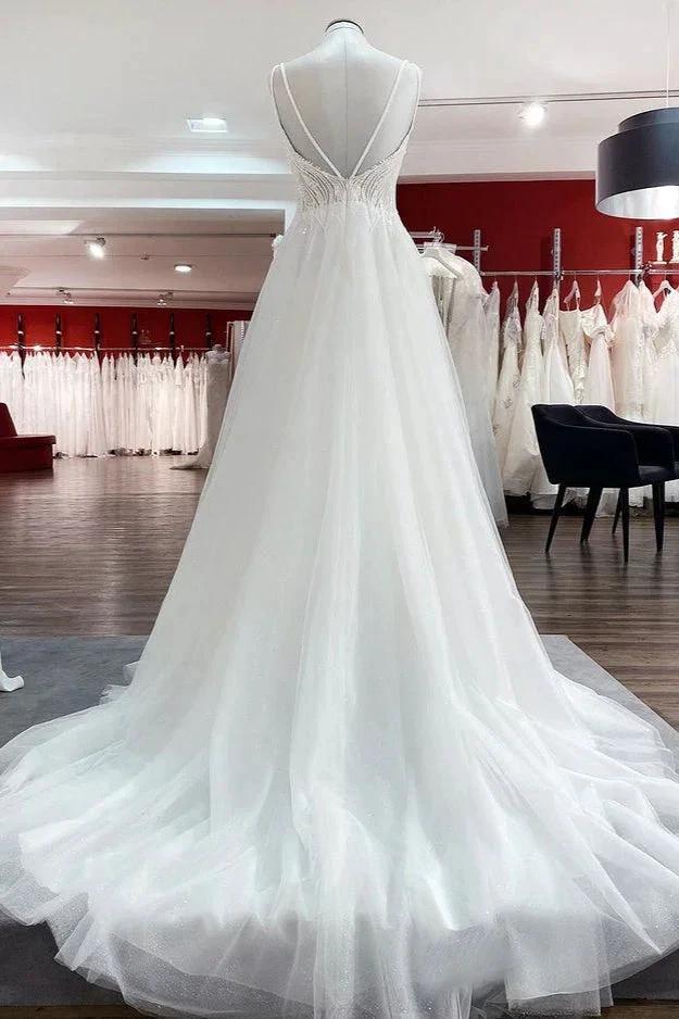 Simple Long V-neck Sequins Ruffles A-line Tulle Backless Wedding Dress by BIZTUNNEL