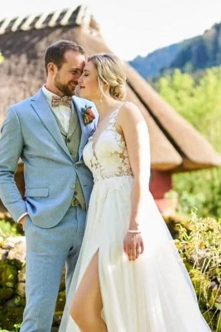 Simple Long White A-line V-neck Sleeveless Tulle Lace Wedding Dress with Slit by misshow.com
