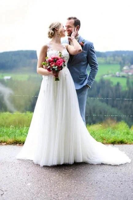 Simple Long White A-line V-neck Sleeveless Tulle Lace Wedding Dress with Slit by misshow.com