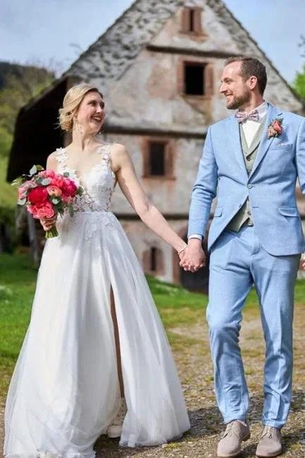 Simple Long White A-line V-neck Sleeveless Tulle Lace Wedding Dress with Slit by misshow.com