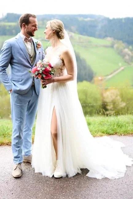 Simple Long White A-line V-neck Sleeveless Tulle Lace Wedding Dress with Slit by misshow.com