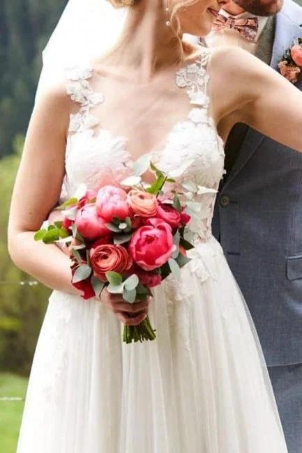 Simple Long White A-line V-neck Sleeveless Tulle Lace Wedding Dress with Slit by misshow.com