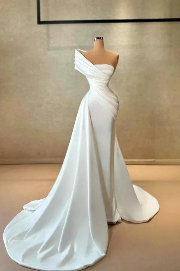 Simple Long White Mermaid One Shoulder Satin Sleeveless Wedding Dress by misshow.com