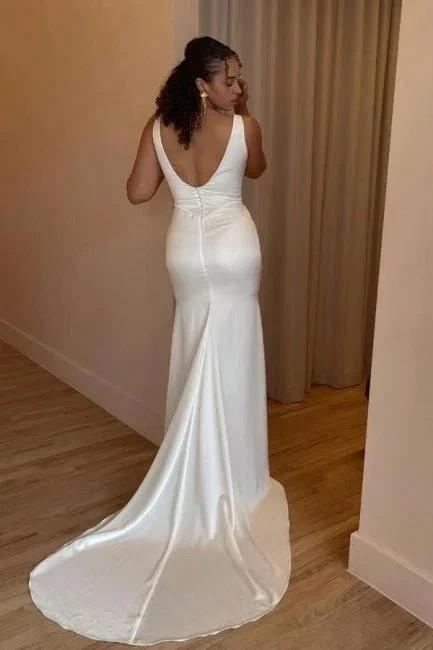 Simple Long White Mermaid Satin Sleeveless Wedding Dresses with Slit by misshow.com