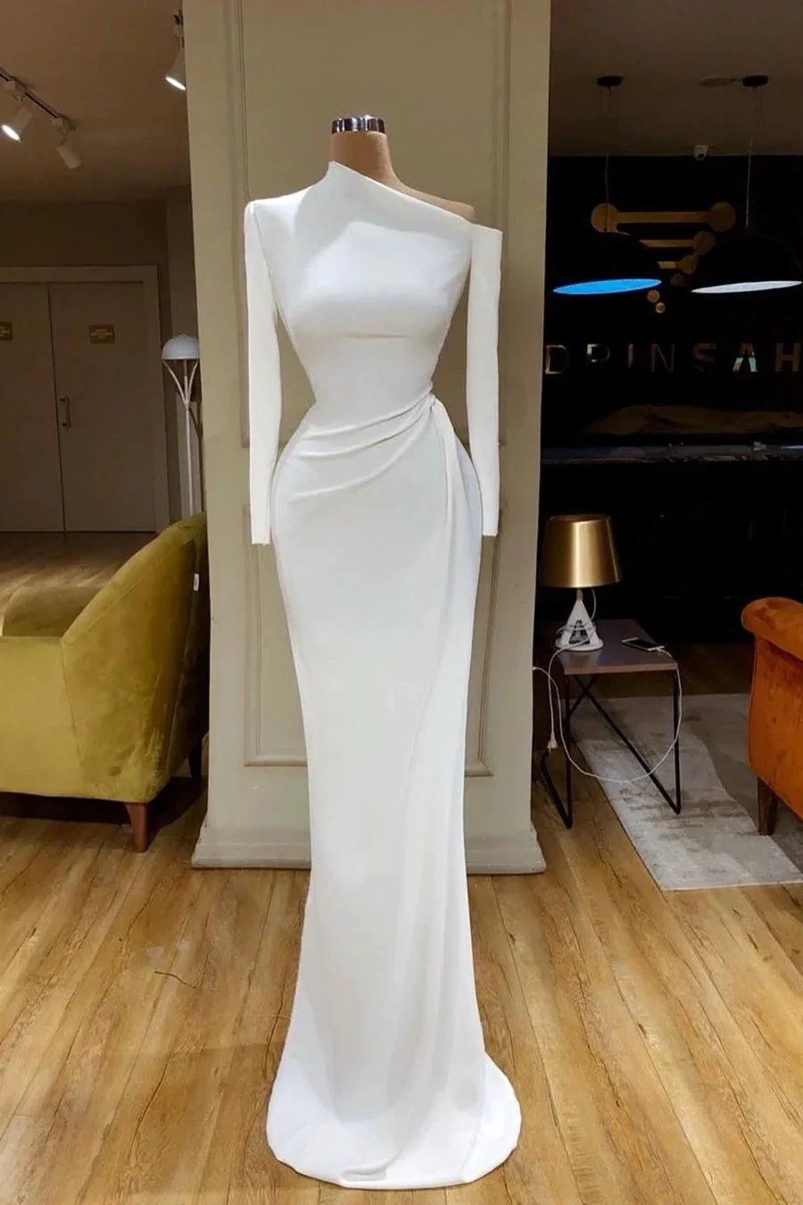 Simple Long White Mermaid Satin Wedding Dress With Long Sleeves by misshow.com