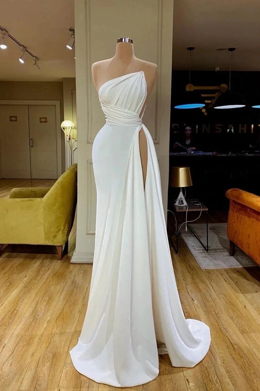 Simple Long White Sleeveless Satin Wedding Dress With Ruffles by misshow.com