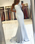 Simple Mermaid One Shoulder Backless Satin Long Prom Dress by BIZTUNNEL