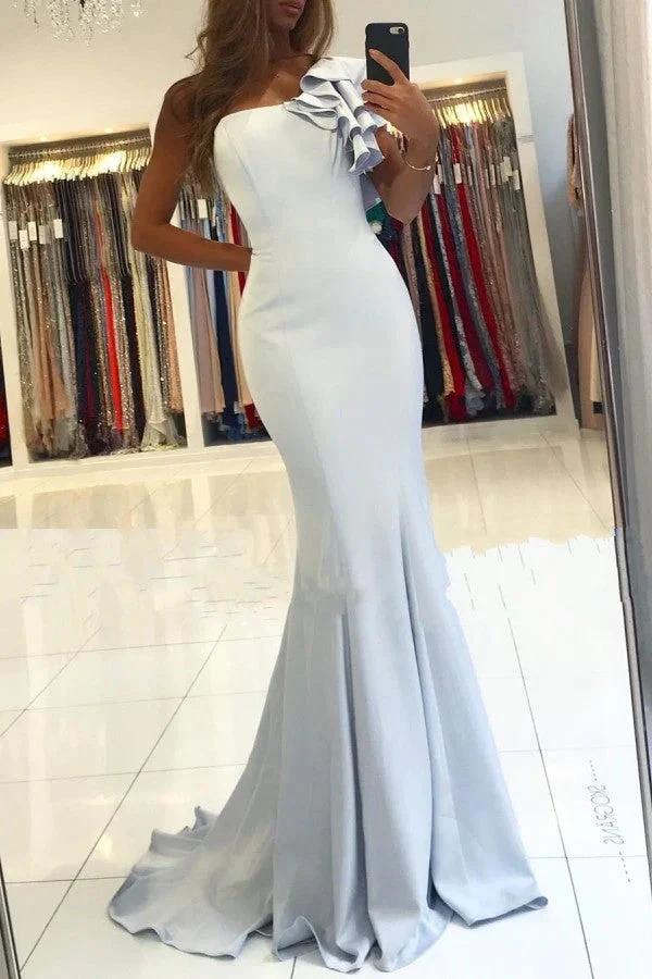 Simple Mermaid One Shoulder Backless Satin Long Prom Dress by BIZTUNNEL