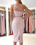 Simple Mermaid One Shoulder Floral Lace Short Formal Party Dress by BIZTUNNEL