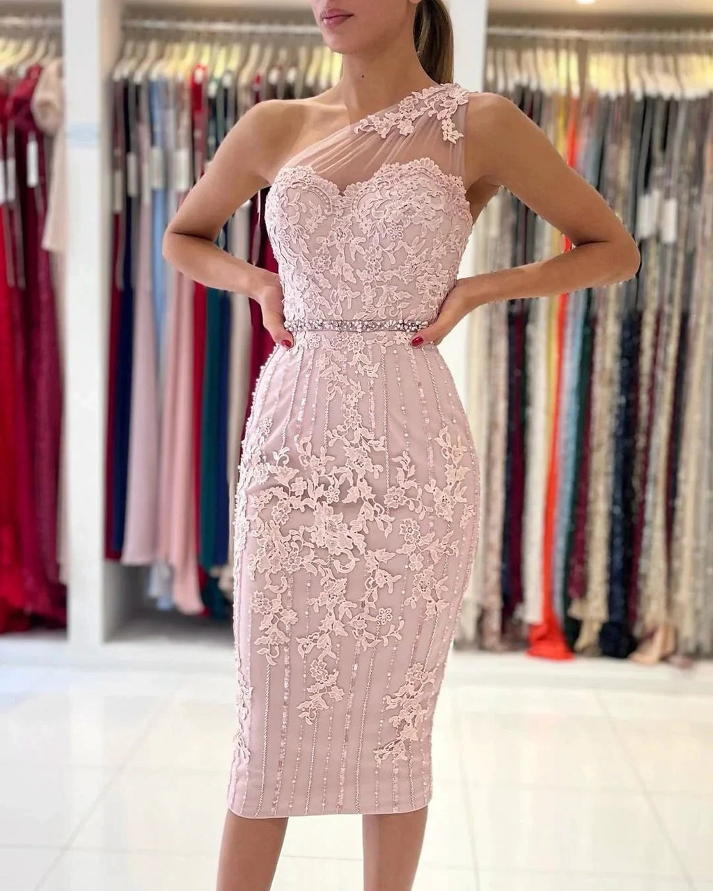 Simple Mermaid One Shoulder Floral Lace Short Formal Party Dress by BIZTUNNEL