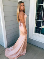 Simple Mermaid Spaghetti Straps Satin Backless Long Prom Formal Evening Dresses by BIZTUNNEL