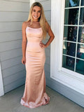 Simple Mermaid Spaghetti Straps Satin Backless Long Prom Formal Evening Dresses by BIZTUNNEL