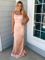 Simple Mermaid Spaghetti Straps Satin Backless Long Prom Formal Evening Dresses by BIZTUNNEL