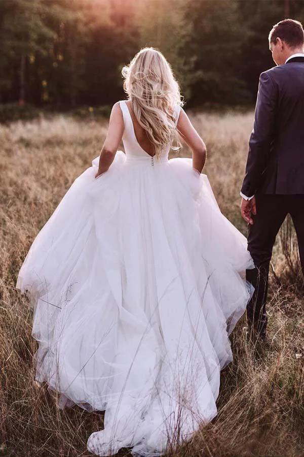 Simple Modest Ivory Tulle Wedding Gowns Backless Wedding Dress WD313 by pgmdress