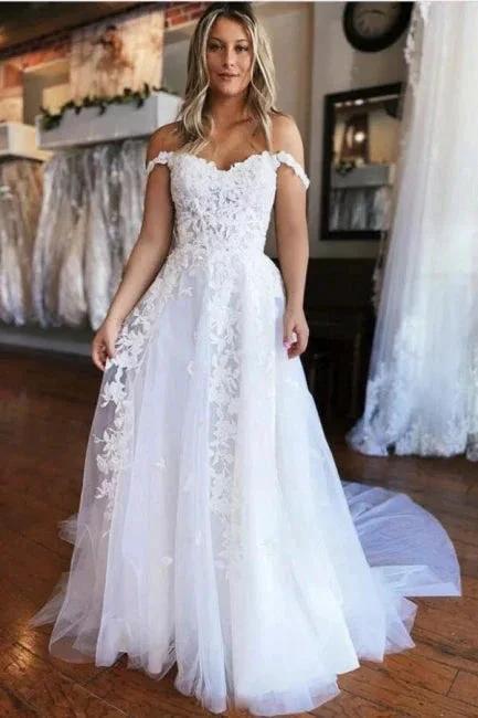Simple Off-the-shoulder A-line Sleeveless Wedding Dress With Lace by misshow.com