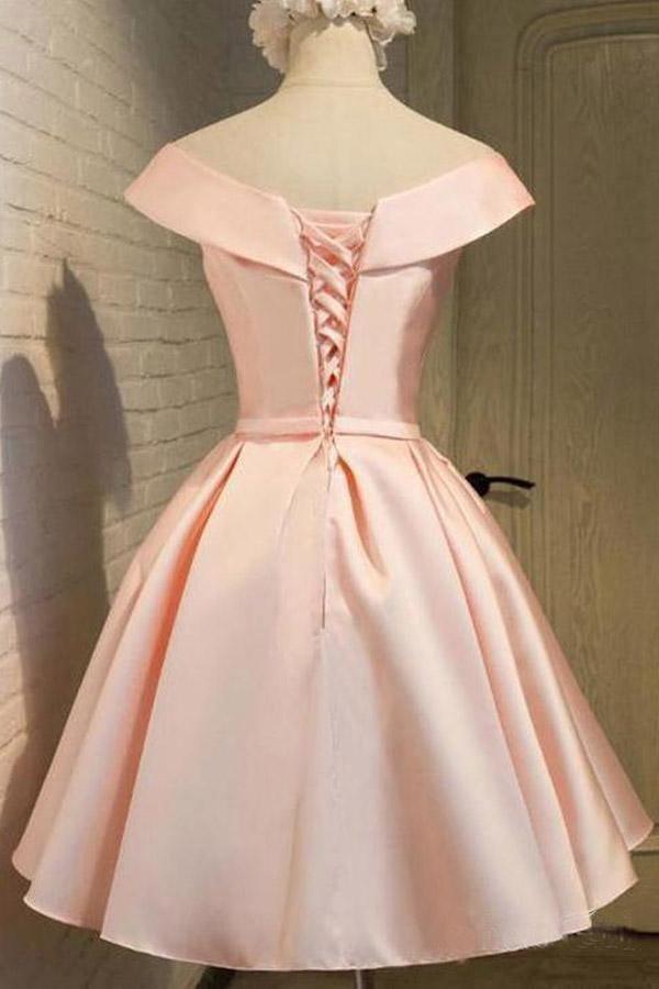 Simple Off the Shoulder Blush Homecoming Dresses Satin Graduation Dress PD288 Main Image