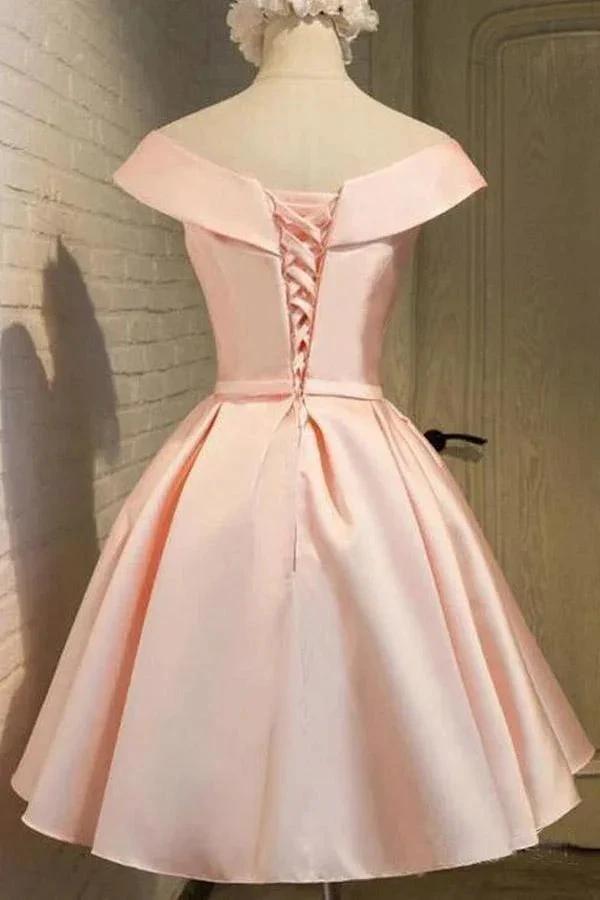 Simple Off the Shoulder Blush Homecoming Dresses Satin Graduation Dress PD288 by pgmdress